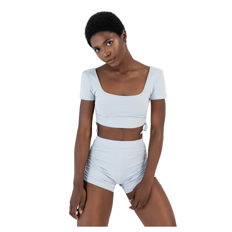 CRTBLNCHSHP GRAY RUCHED CROP TOP & BIKER SHORTS SET