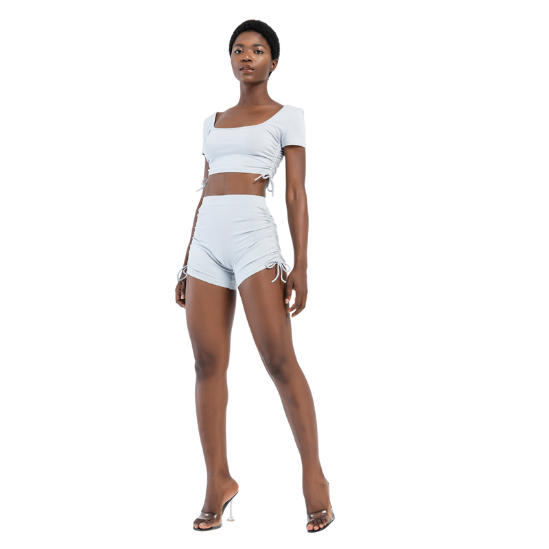 CRTBLNCHSHP GRAY RUCHED CROP TOP & BIKER SHORTS SET