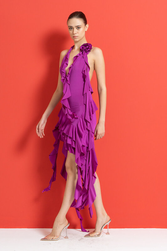 CRTBLNCHSHP NOLITA MAGENTA ROSE-ACCENT RUFFLE-TRIM DRESS M