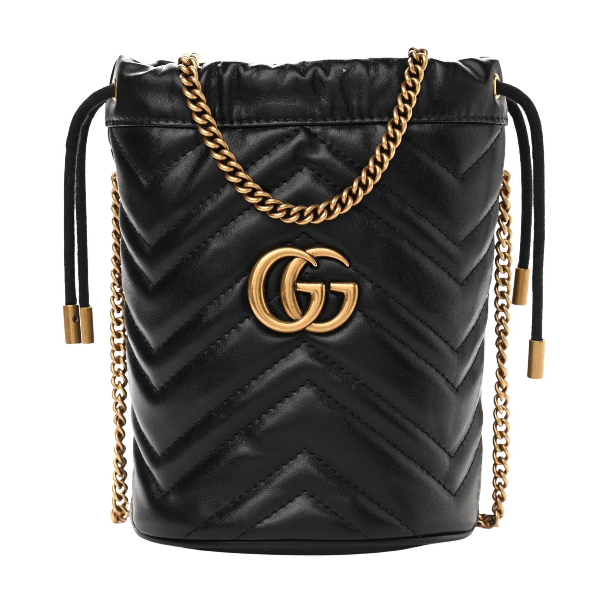 GUCCI Calfskin Matelasse Mini GG Marmont Chain Shoulder Bag Black