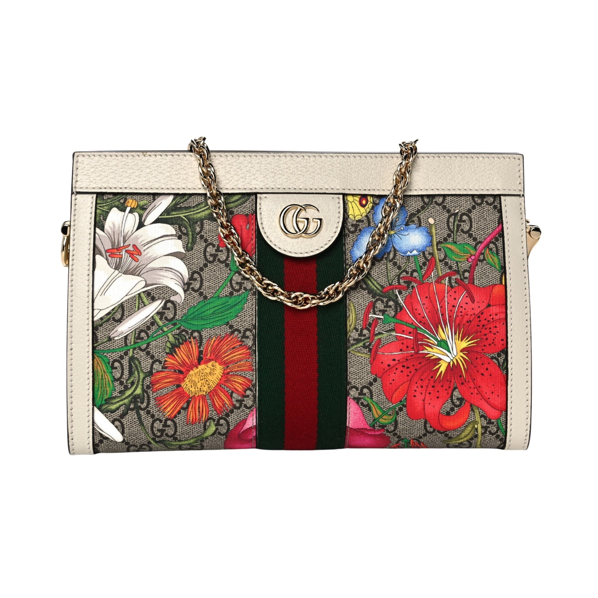 GUCCI GG SUPREME MONOGRAM FLORA WEB SMALL OPHIDIA CHAIN SHOULDER BAG WHITE