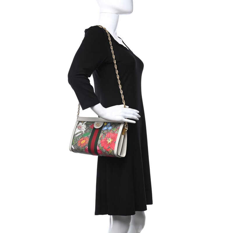 GUCCI GUCCI GG SUPREME MONOGRAM FLORA WEB SMALL OPHIDIA CHAIN SHOULDER BAG WHITE