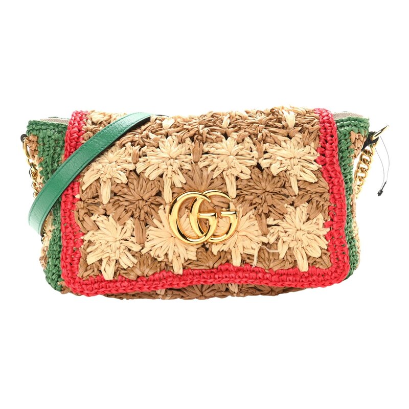 GUCCI RAFFIA CROCHET FLOWER GG MARMONT SHOULDER BAG ECRU MULTICOLOR S