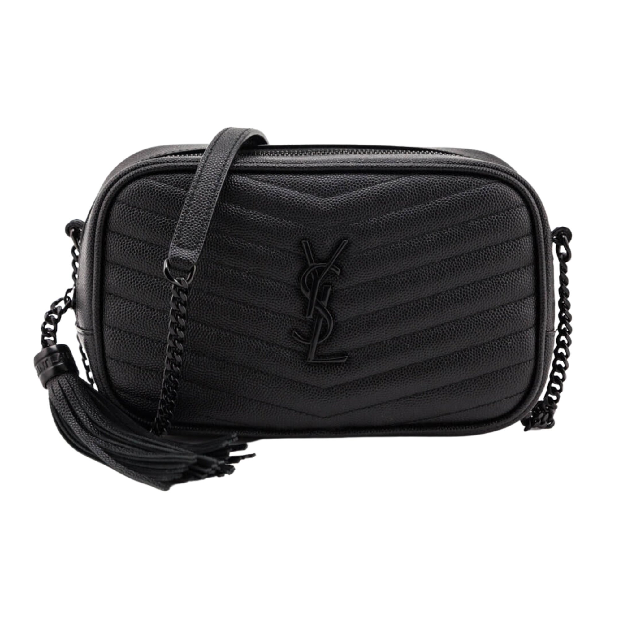 SAINT LAURENT GRAIN DE POUDRE MINI LOU CAMERA BAG BLACK ON BLACK