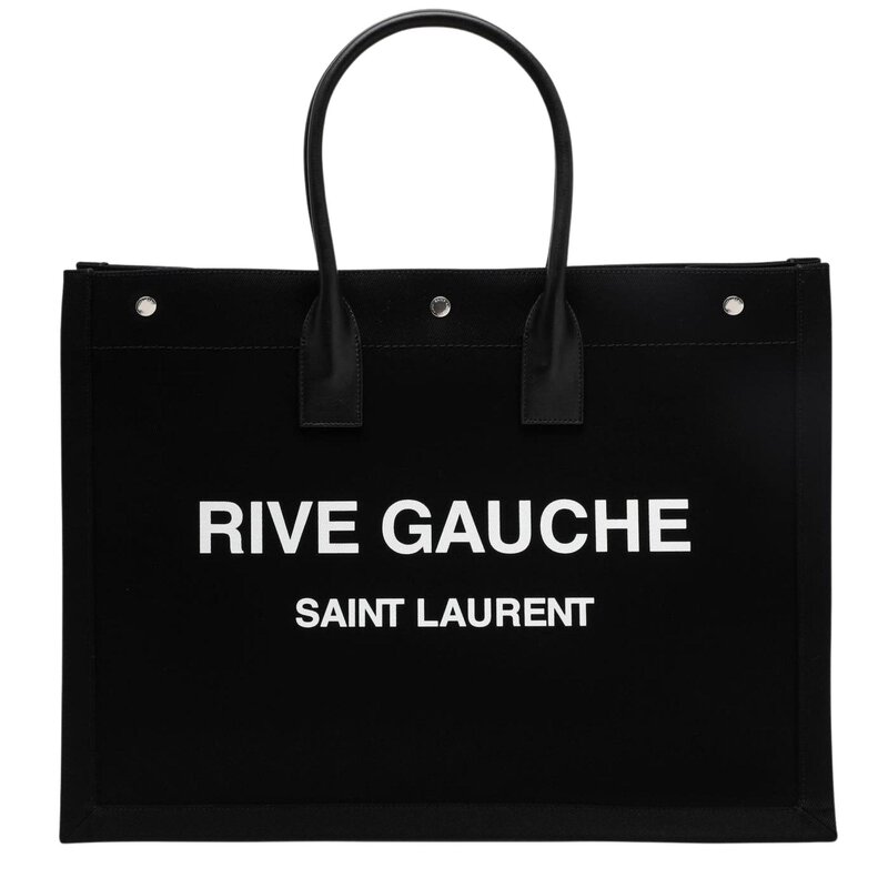 SAINT LAURENT RIVE GAUCHE LINEN AND LEATHER BLACK TOTE