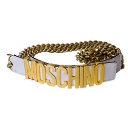 MOSCHINO MOSCHINO GOLD LOGO WHITE LEATHER AND CHAIN BELT