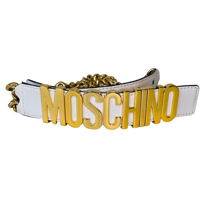 MOSCHINO GOLD LOGO WHITE LEATHER AND CHAIN BELT