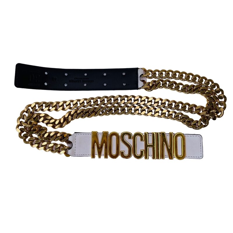 MOSCHINO GOLD LOGO WHITE LEATHER AND CHAIN BELT