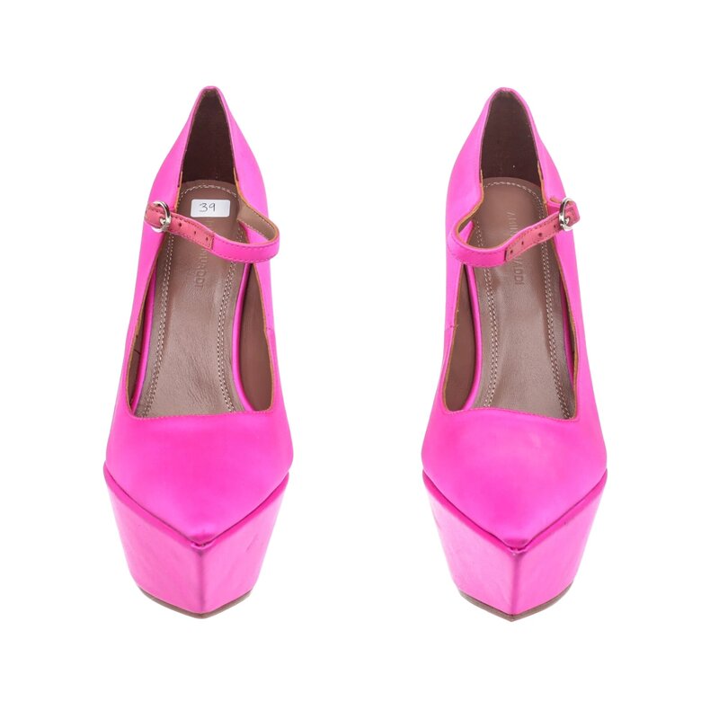 AMINA MUADDI ANGELICA PLATEAU PINK SATIN PLATFORM PUMPS (39 EU)