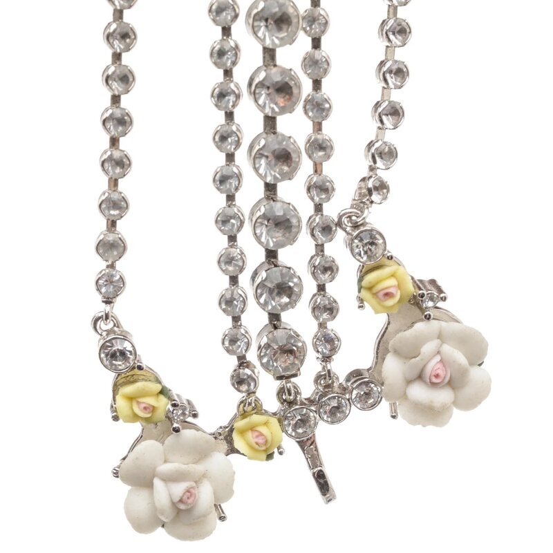 CHRISTIAN DIOR DIOR VINTAGE SILVER CRYSTAL FLOWER 5 ROW CHOKER NECKLACE
