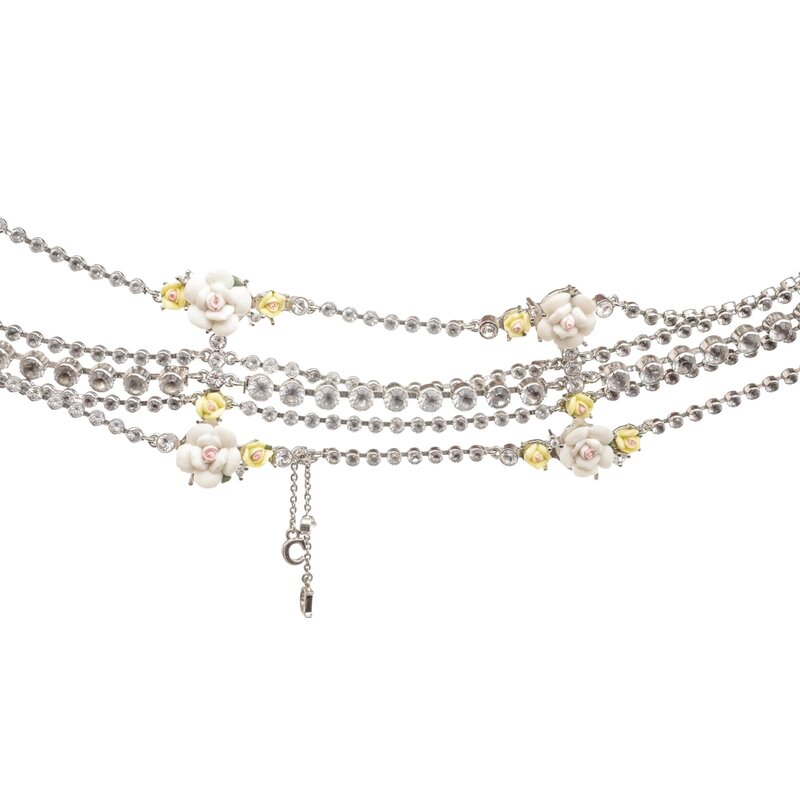 CHRISTIAN DIOR DIOR VINTAGE SILVER CRYSTAL FLOWER 5 ROW CHOKER NECKLACE