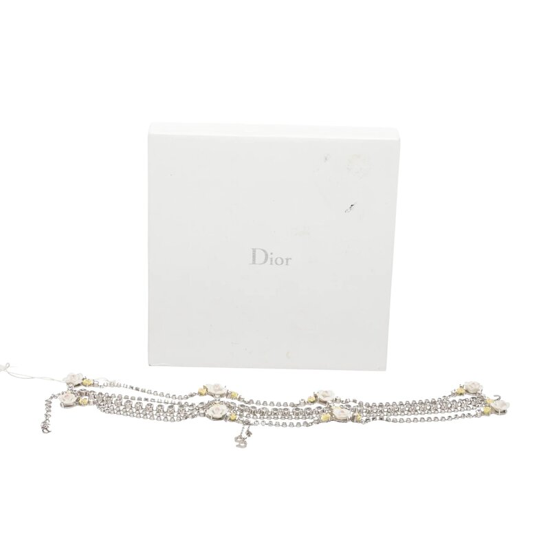 CHRISTIAN DIOR DIOR VINTAGE SILVER CRYSTAL FLOWER 5 ROW CHOKER NECKLACE