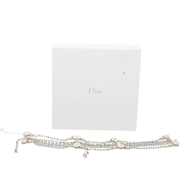 CHRISTIAN DIOR VINTAGE SILVER CRYSTAL FLOWER 5 ROW CHOKER NECKLACE