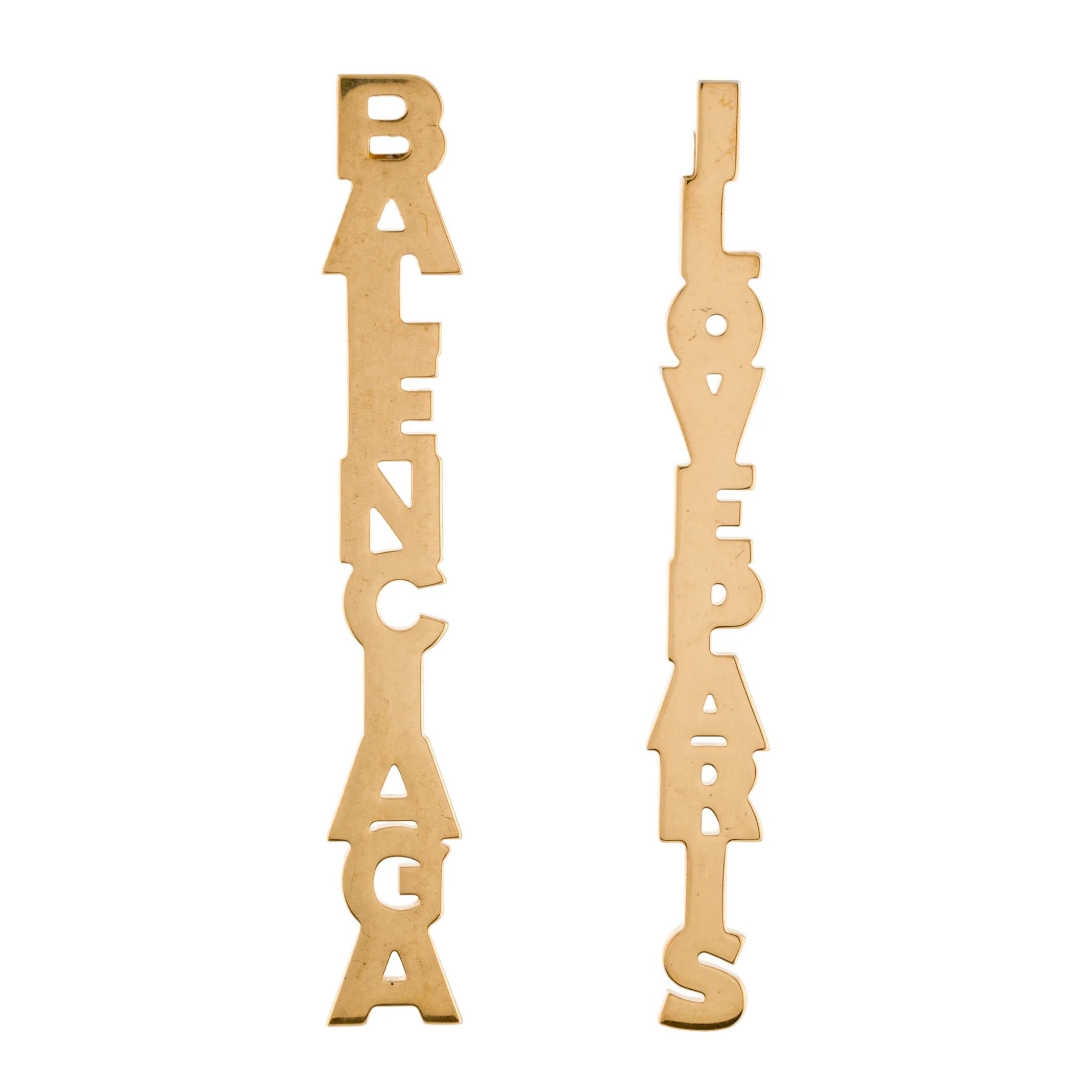 BALENCIAGA MISMATCHED GOLD LOGO I LOVE PARIS DROP EARRINGS