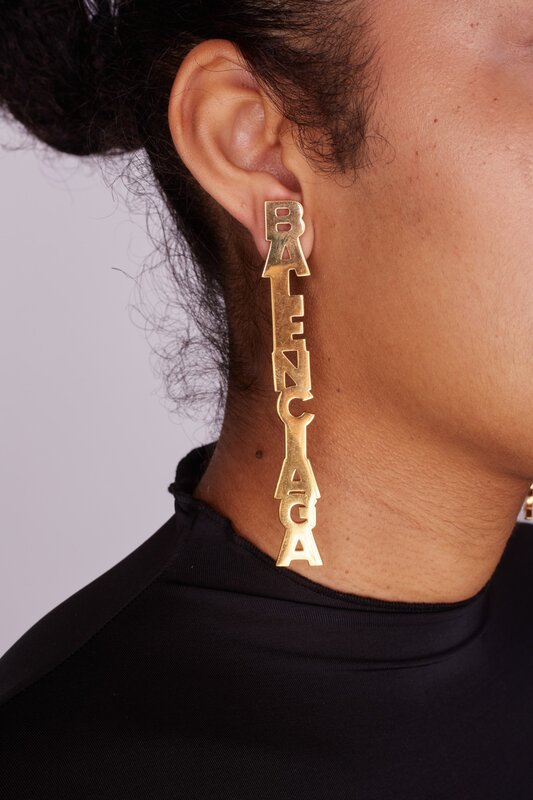 BALENCIAGA BALENCIAGA MISMATCHED GOLD LOGO I LOVE PARIS DROP EARRINGS