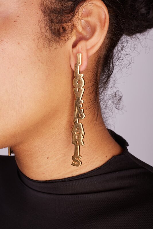 BALENCIAGA BALENCIAGA MISMATCHED GOLD LOGO I LOVE PARIS DROP EARRINGS