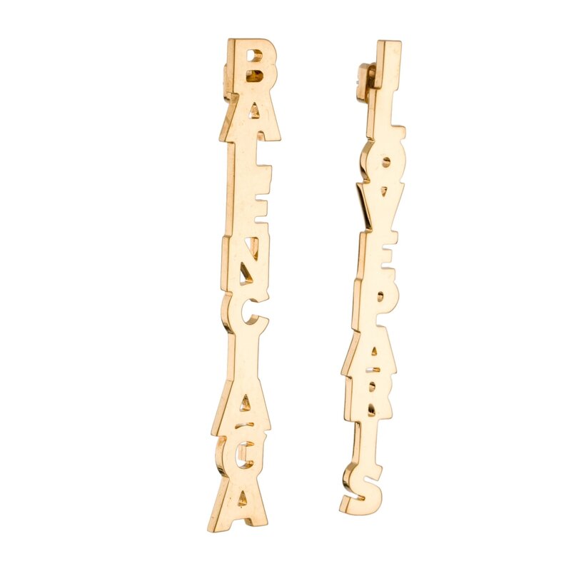 BALENCIAGA BALENCIAGA MISMATCHED GOLD LOGO I LOVE PARIS DROP EARRINGS