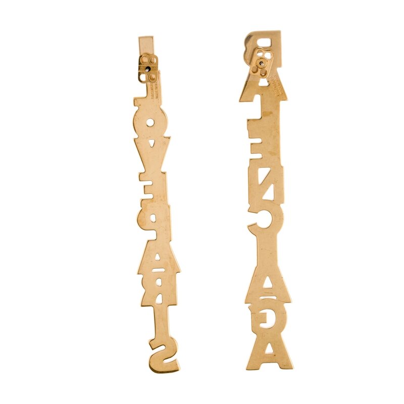 BALENCIAGA BALENCIAGA MISMATCHED GOLD LOGO I LOVE PARIS DROP EARRINGS