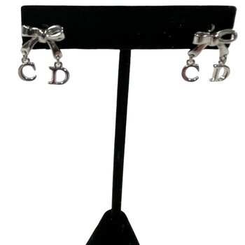 CHRISTIAN DIOR DIOR SILVER METAL CLASSIC LOGO DROP BOW EARRINGS