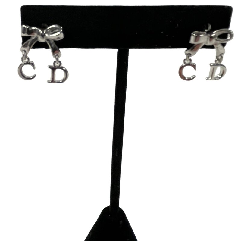 CHRISTIAN DIOR DIOR SILVER METAL CLASSIC LOGO DROP BOW EARRINGS
