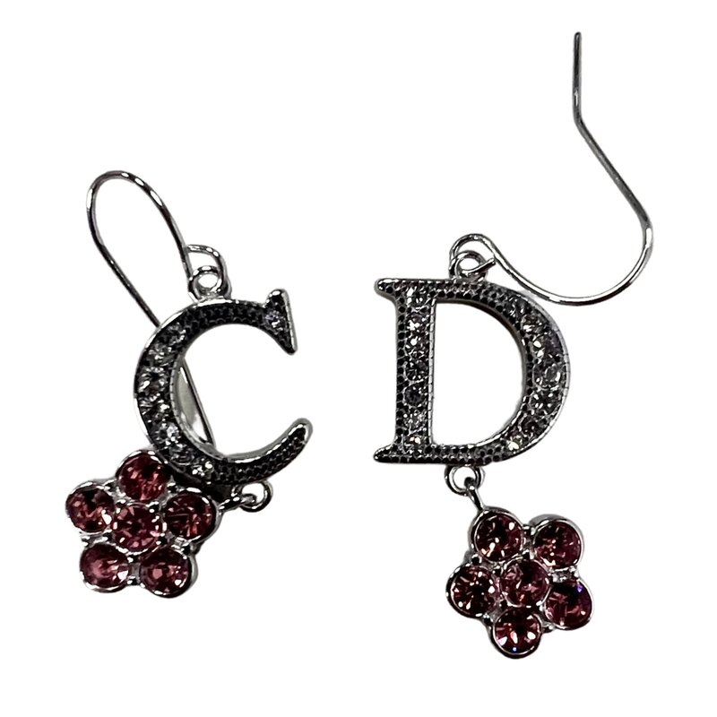 CHRISTIAN DIOR DIOR PINK FLORAL LOGO CHARM CRYSTAL PENDANT DROP EARRINGS
