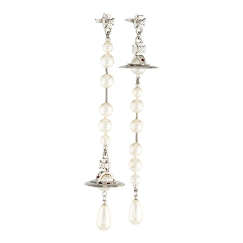 VIVIENNE WESTWOOD BROKEN PEARL ORB DROP EARRINGS SILVER