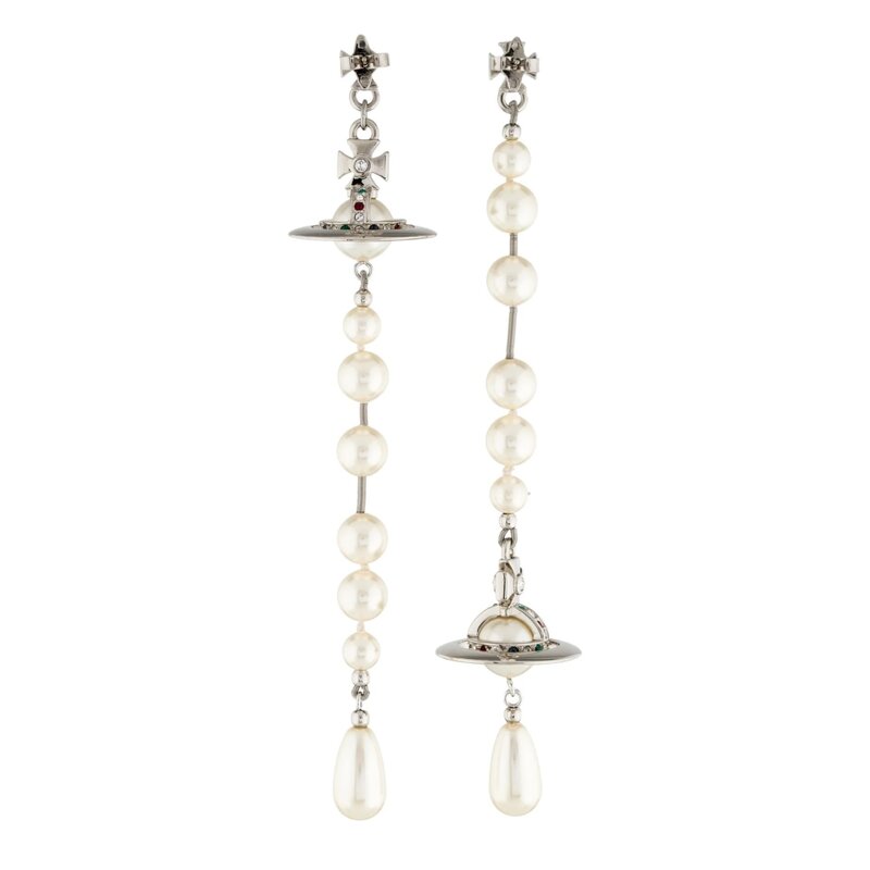 VIVIENNE WESTWOOD BROKEN PEARL ORB DROP EARRINGS SILVER