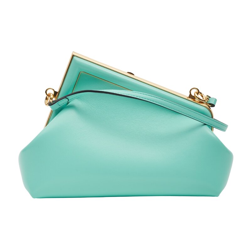 FENDI FENDI FIRST LAMBSKIN TURQUOISE LOGO DETAILED CLUTCH BAG