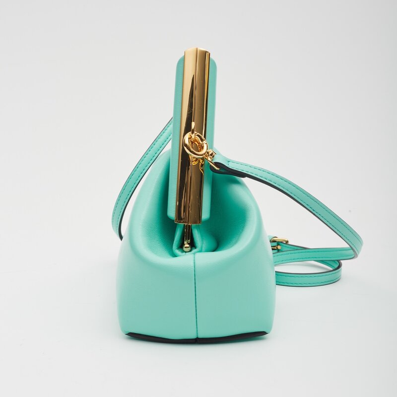 FENDI FENDI FIRST LAMBSKIN TURQUOISE LOGO DETAILED CLUTCH BAG