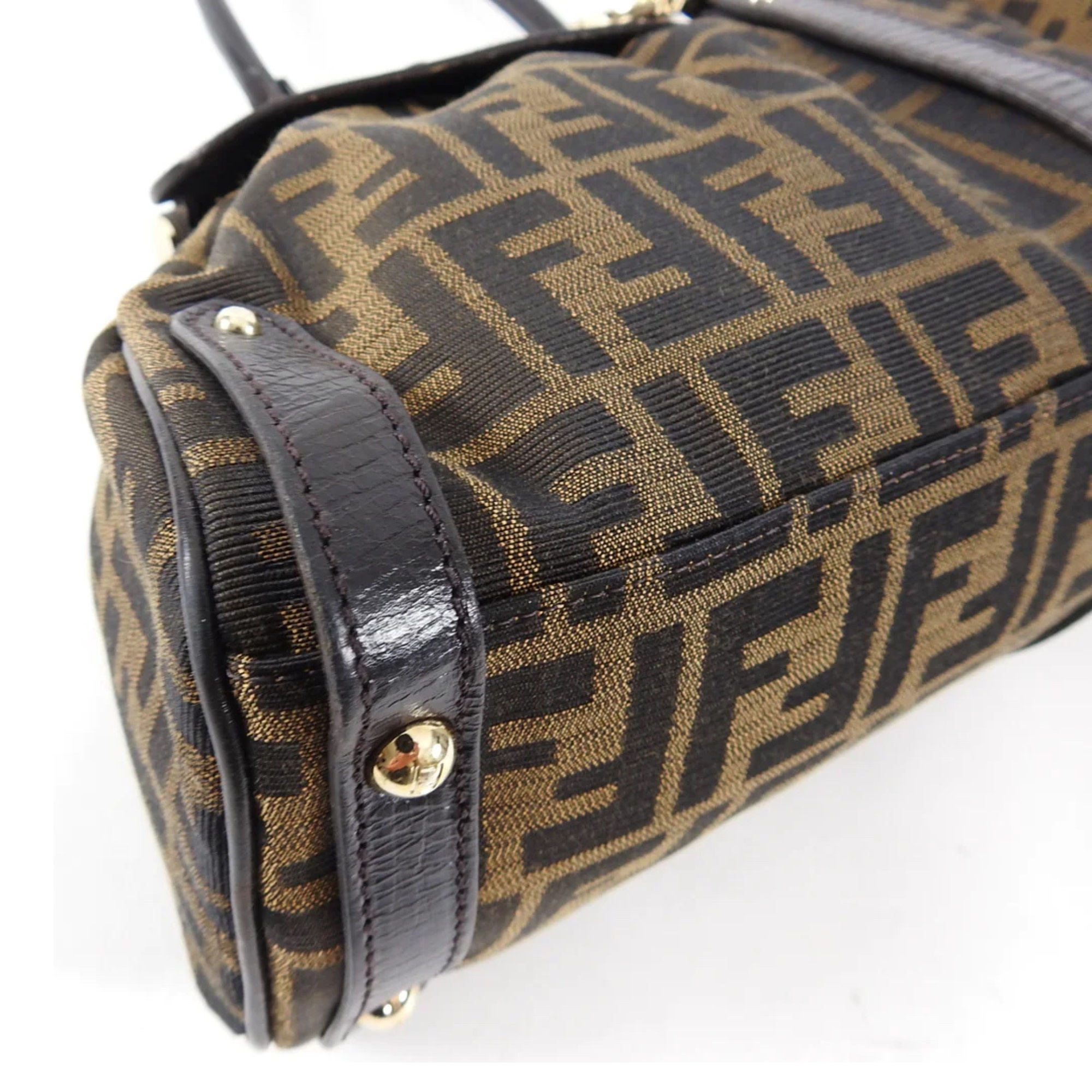 Fendi Vintage Handbag Zucca FF Totebag Canvas Tote Shopper Brown Gold FF