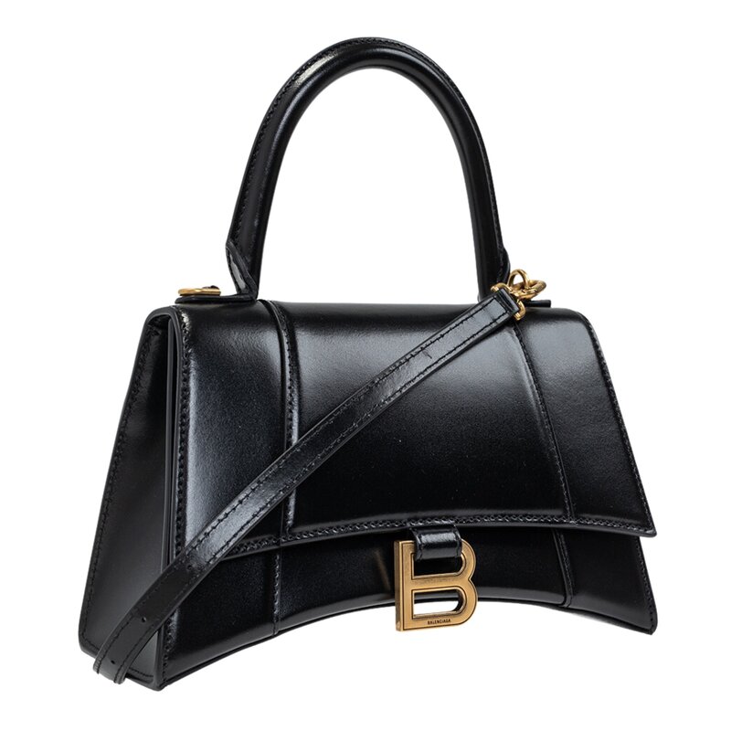 BALENCIAGA SHINY BOX CALFSKIN SMALL HOURGLASS TOP HANDLE BAG BLACK