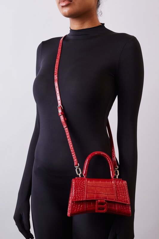 BALENCIAGA CROC-EMBOSSED LEATHER RED HOURGLASS BAG EXTRA SMALL - CRTBLNCHSHP
