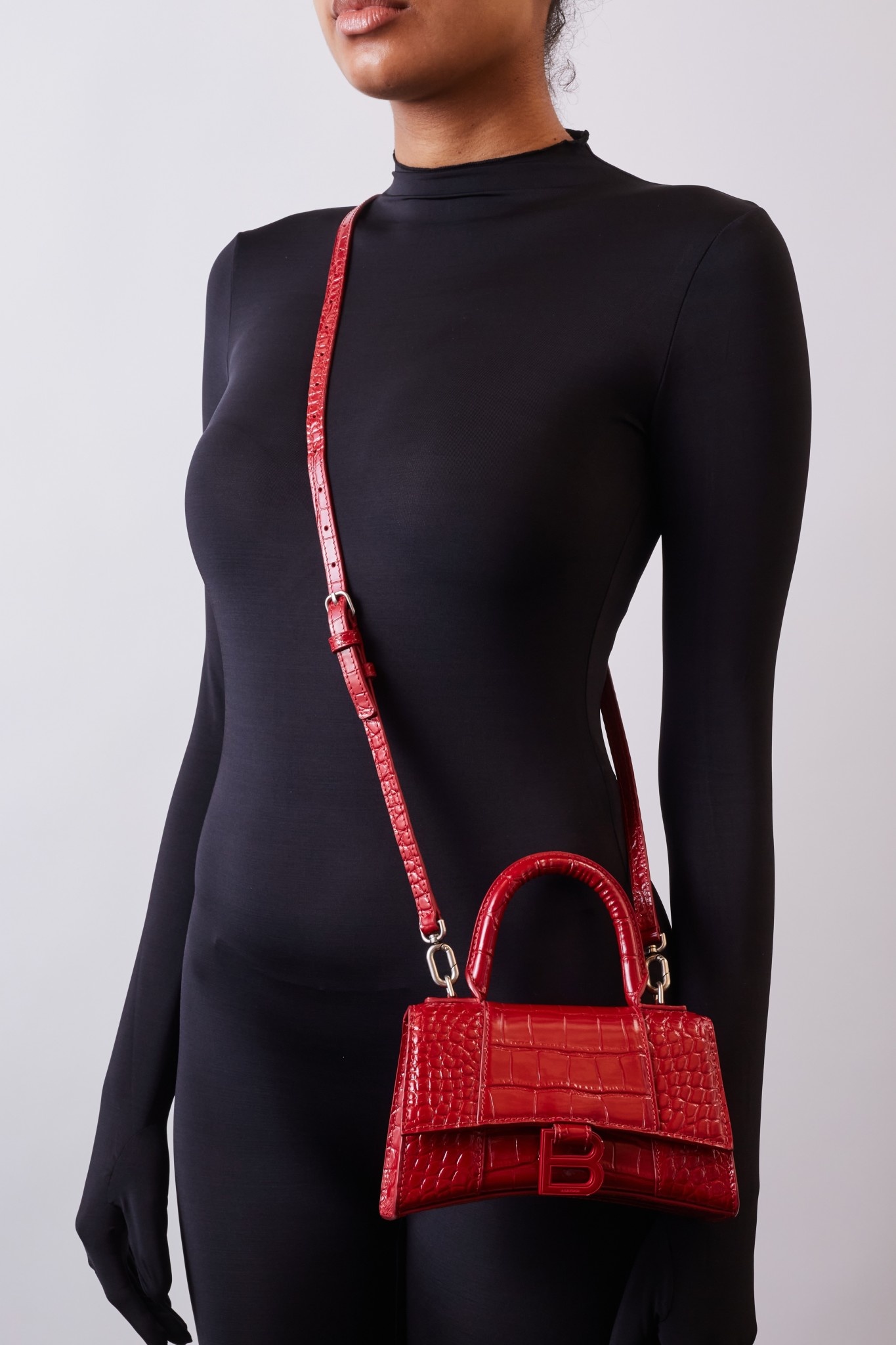 Extra Small Hourglass Croc Embossed Leather Top Handle Bag