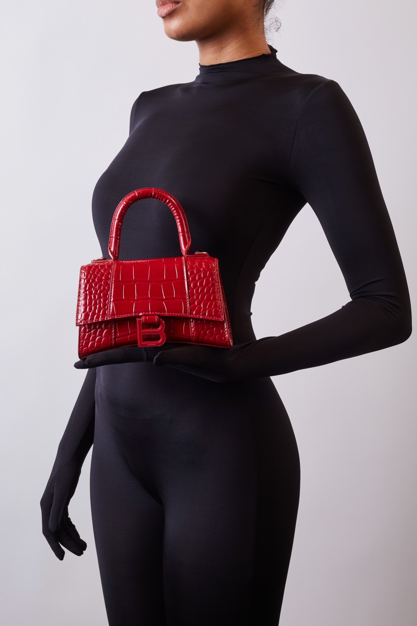 Red Hourglass S crocodile-effect leather bag
