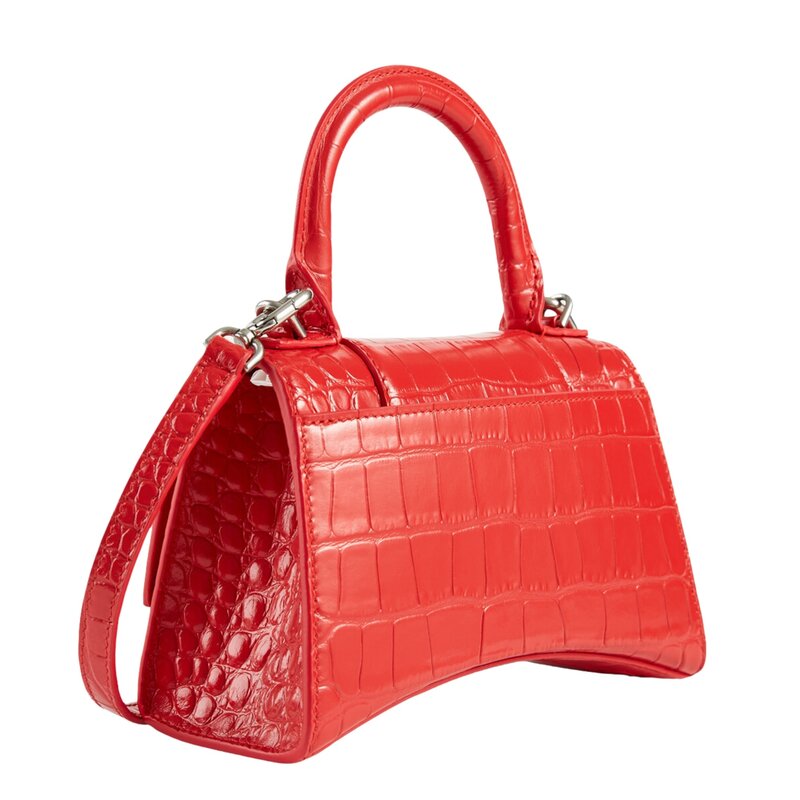 BALENCIAGA CROC-EMBOSSED LEATHER RED HOURGLASS BAG EXTRA SMALL