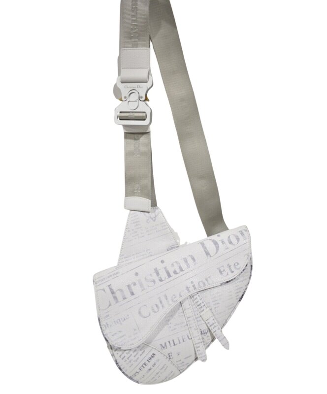 CHRISTIAN DIOR DIOR X DANIEL ARSHAM GRAINED CALFSKIN WHITE NEWSPAPER PRINT SADDLE BAG