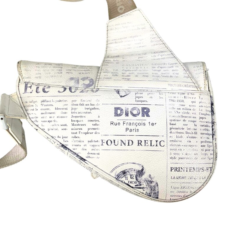 CHRISTIAN DIOR DIOR X DANIEL ARSHAM GRAINED CALFSKIN WHITE NEWSPAPER PRINT SADDLE BAG