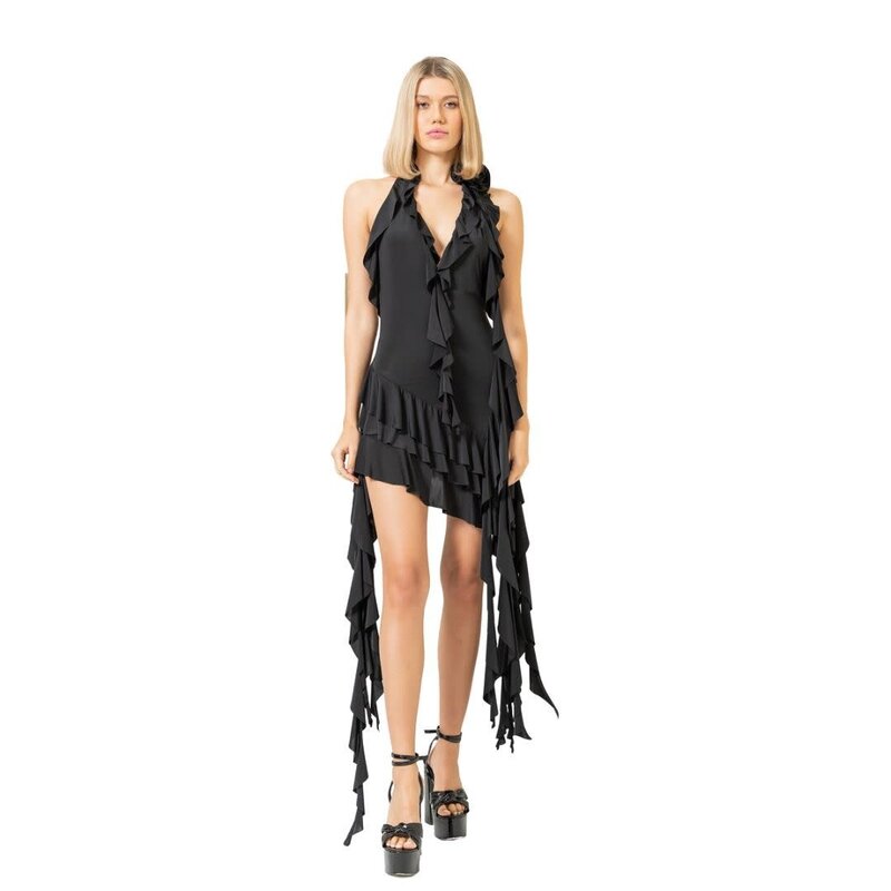 NOLITA BLACK ROSE-ACCENT RUFFLE-TRIM DRESS M