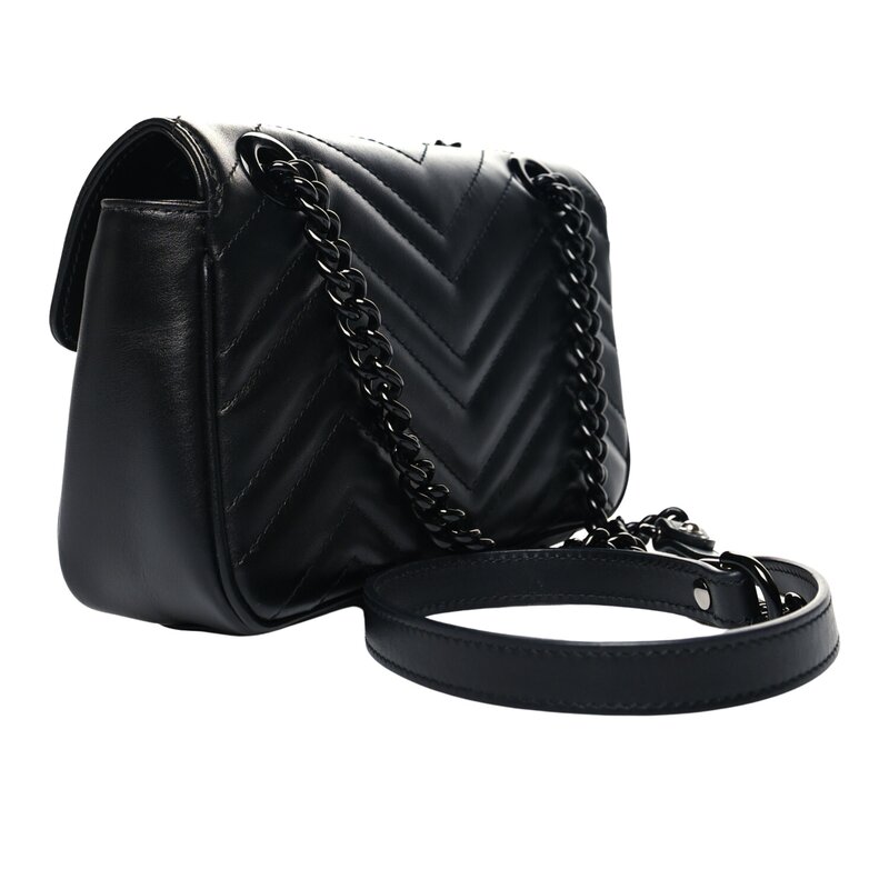 GUCCI GUCCI GG MARMONT LEATHER BLACK CHAIN SHOULDER BAG MINI
