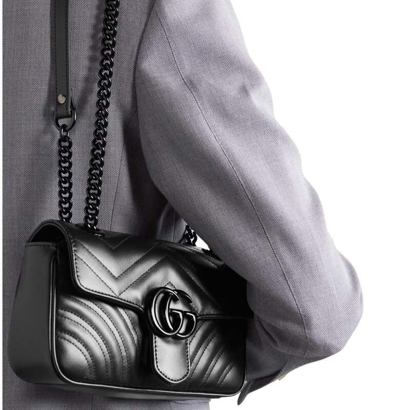 GUCCI GUCCI GG MARMONT LEATHER BLACK CHAIN SHOULDER BAG MINI