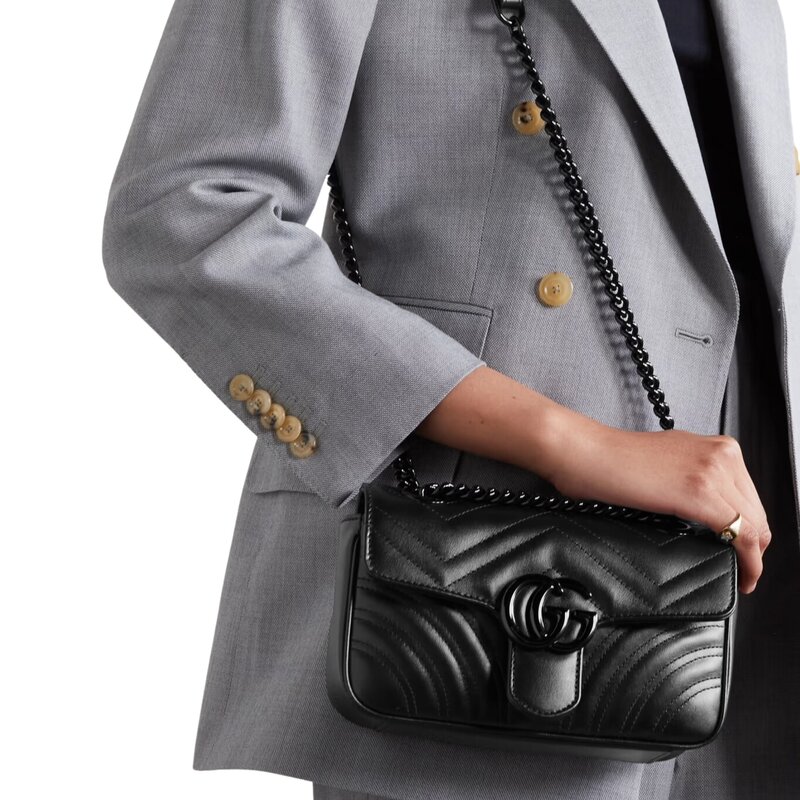 GUCCI GUCCI GG MARMONT LEATHER BLACK CHAIN SHOULDER BAG MINI