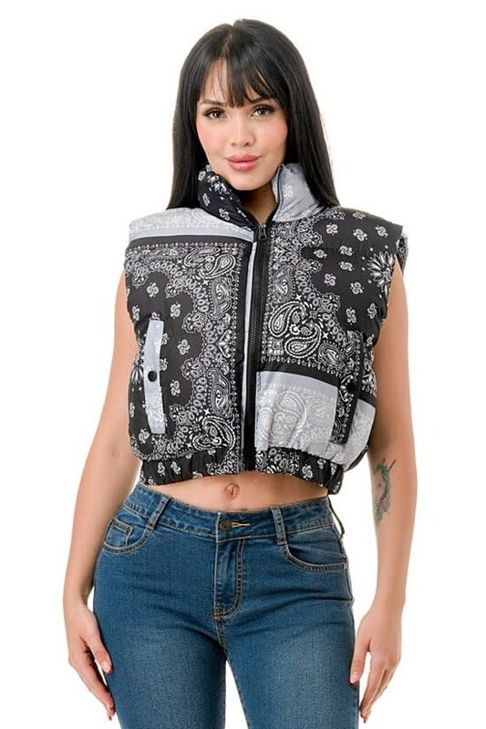 36POINT5 CROPPED PAISLEY PRINT BLACK PUFFER VEST LARGE