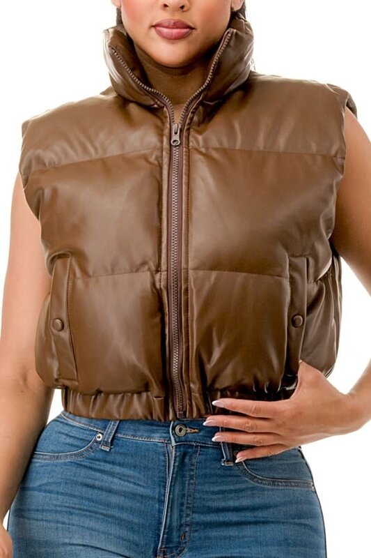 36POINT5 VEGAN LEATHER DARK BROWN PUFFER VEST LARGE