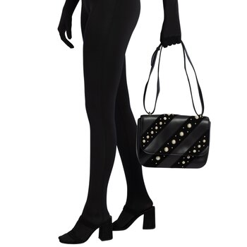 KARL LAGERFELD KARL LAGERFELD DIAGONAL BLACK LEATHER PEARL FLAP BAG