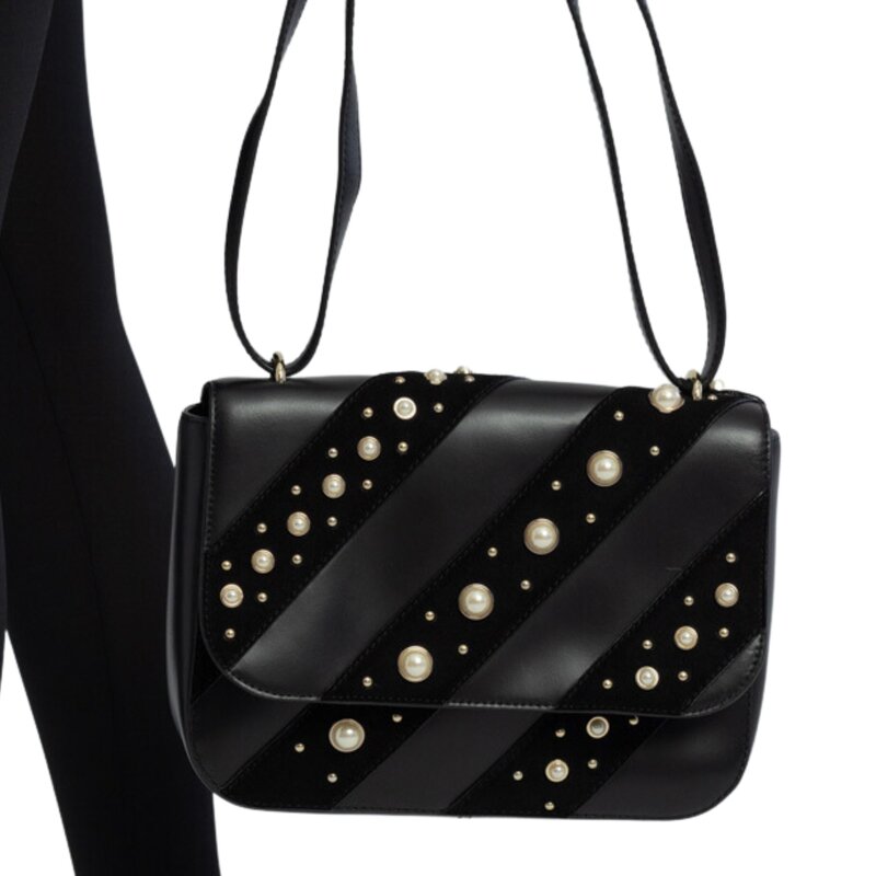 KARL LAGERFELD KARL LAGERFELD DIAGONAL BLACK LEATHER PEARL FLAP BAG