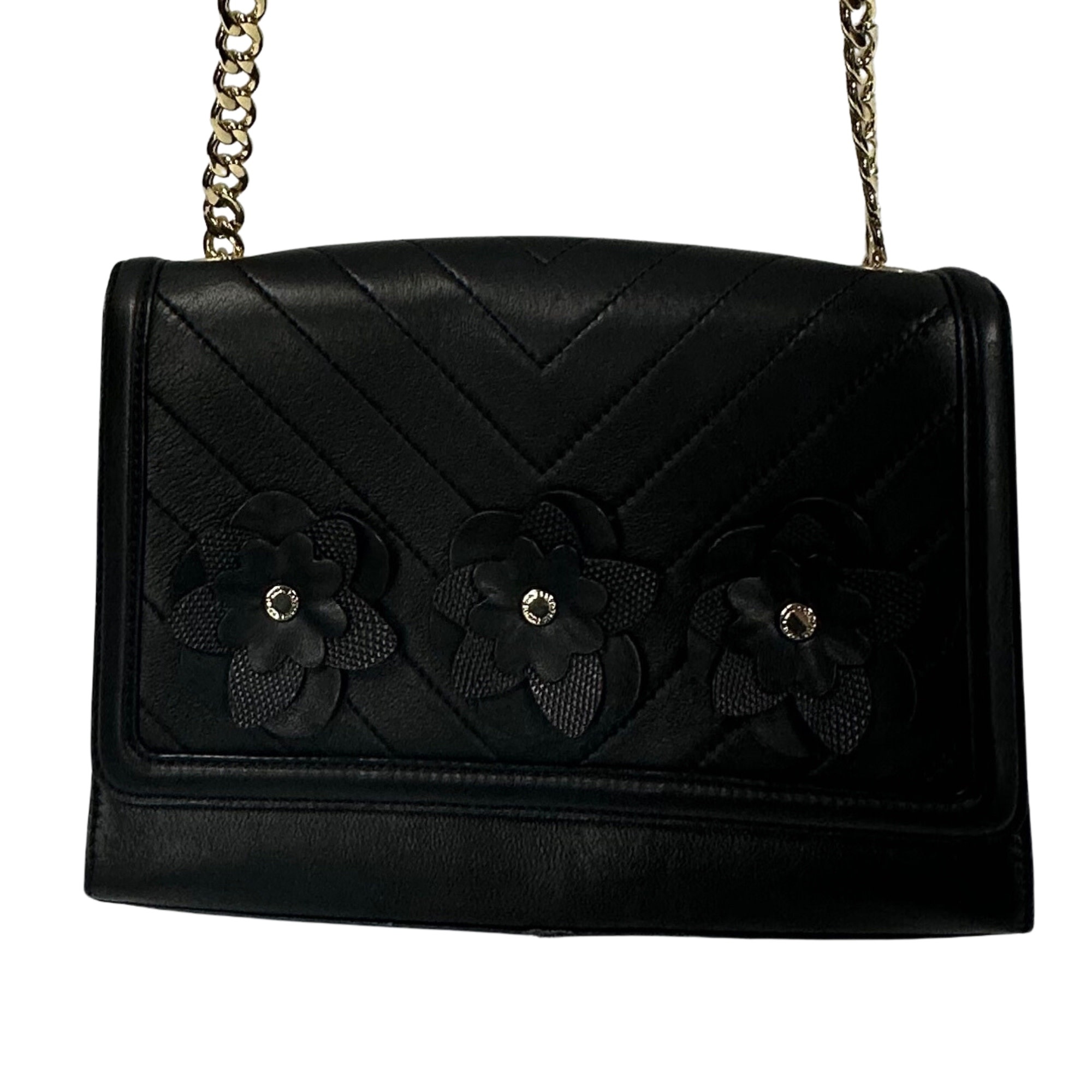 KARL LAGERFELD FLORAL BLACK LEATHER CHEVRON FLAP BAG