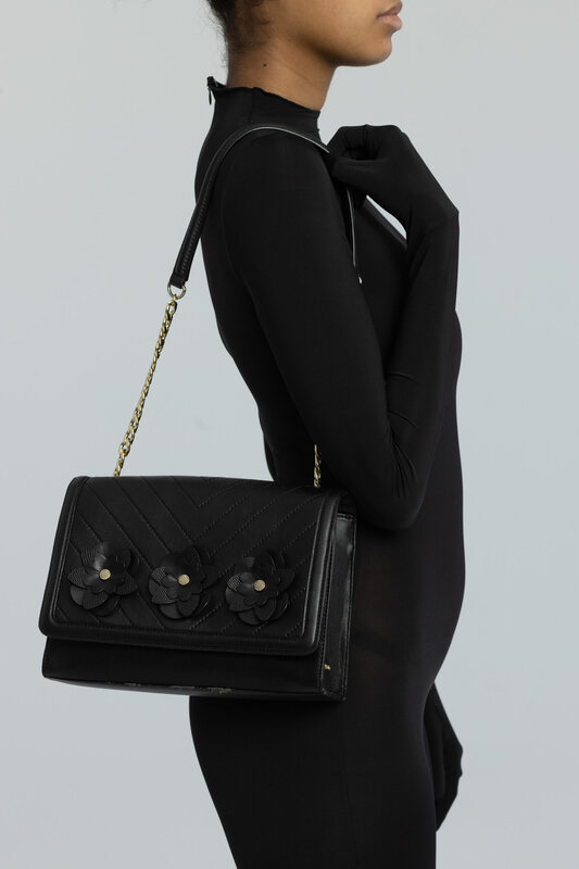 KARL LAGERFELD KARL LAGERFELD FLORAL BLACK LEATHER CHEVRON FLAP BAG