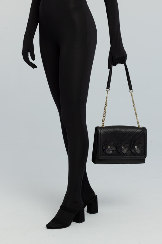 KARL LAGERFELD KARL LAGERFELD FLORAL BLACK LEATHER CHEVRON FLAP BAG