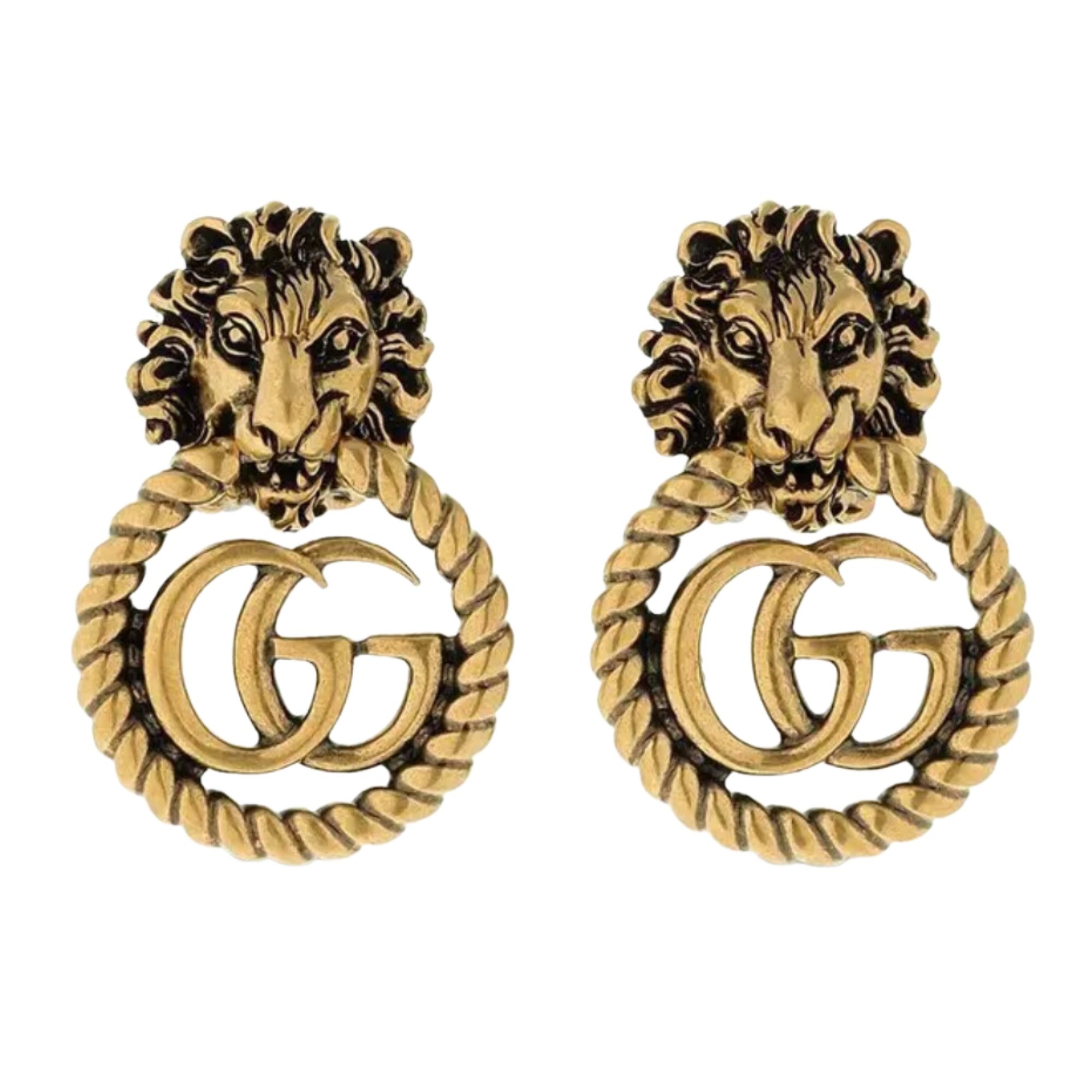 GUCCI LION HEAD GG ANTIQUED GOLD CLIP-ON EARRINGS