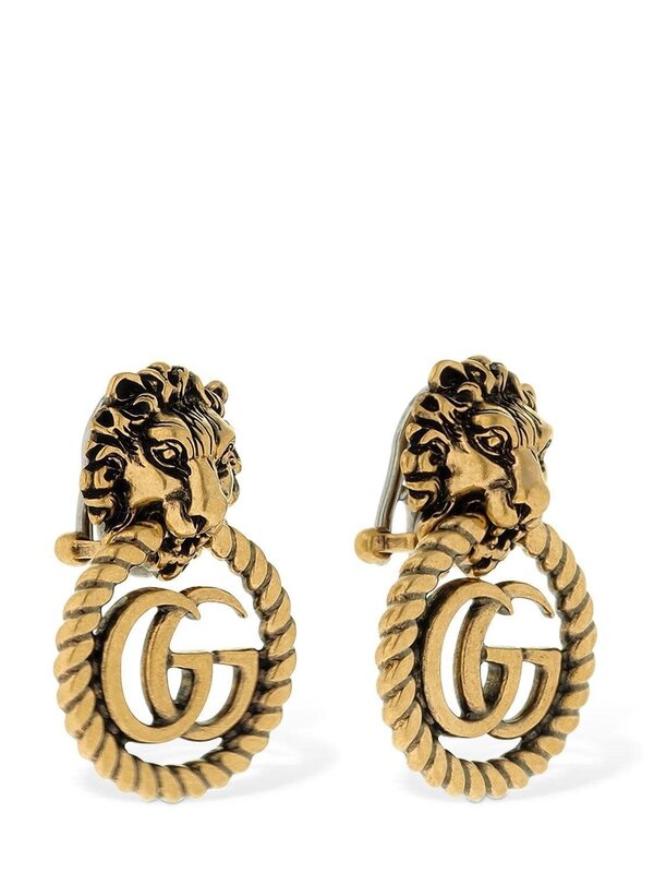 GUCCI LION HEAD GG ANTIQUED GOLD CLIP-ON EARRINGS